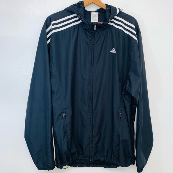 Adidas Windbreaker Jacket Men Large Black White Stripes Hood Pockets Track Y2K - Picture 1 of 11